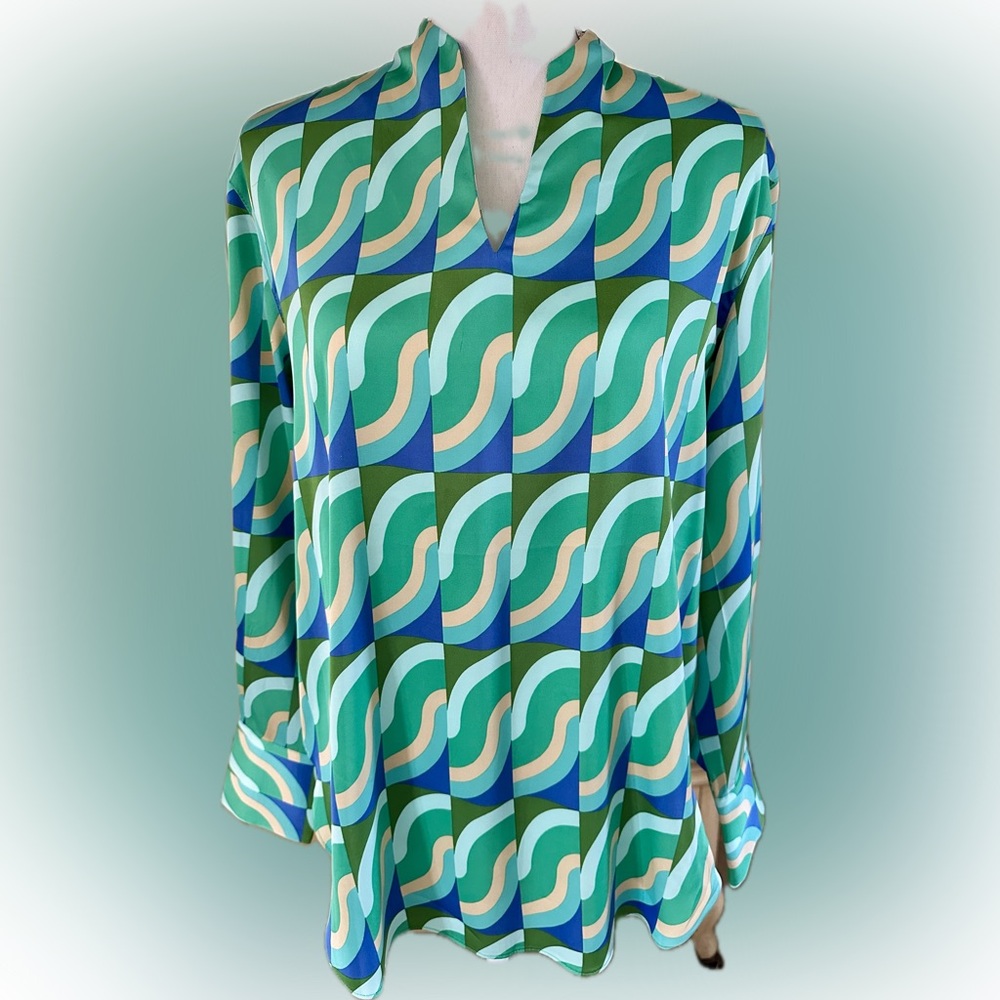 Rachel Zoe Tunic Women NWT Small Green Swirls Retro Long Sleeve Relaxed Fit